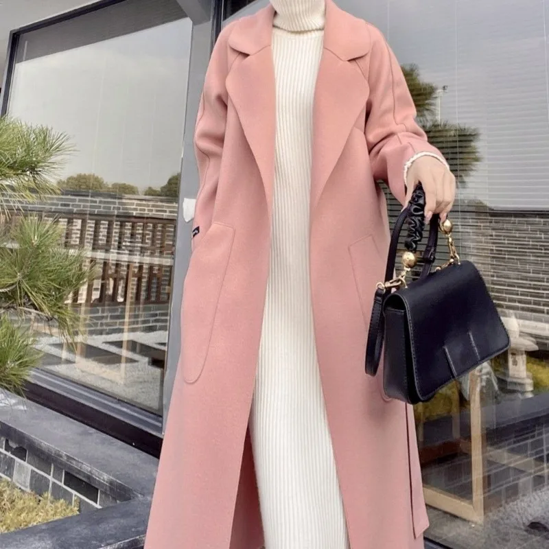 2023 Autumn Winter New Women Reversible Cashmere Coat Female Long Below The Knee Temperament Casual Slim Fit Woolen Outwear