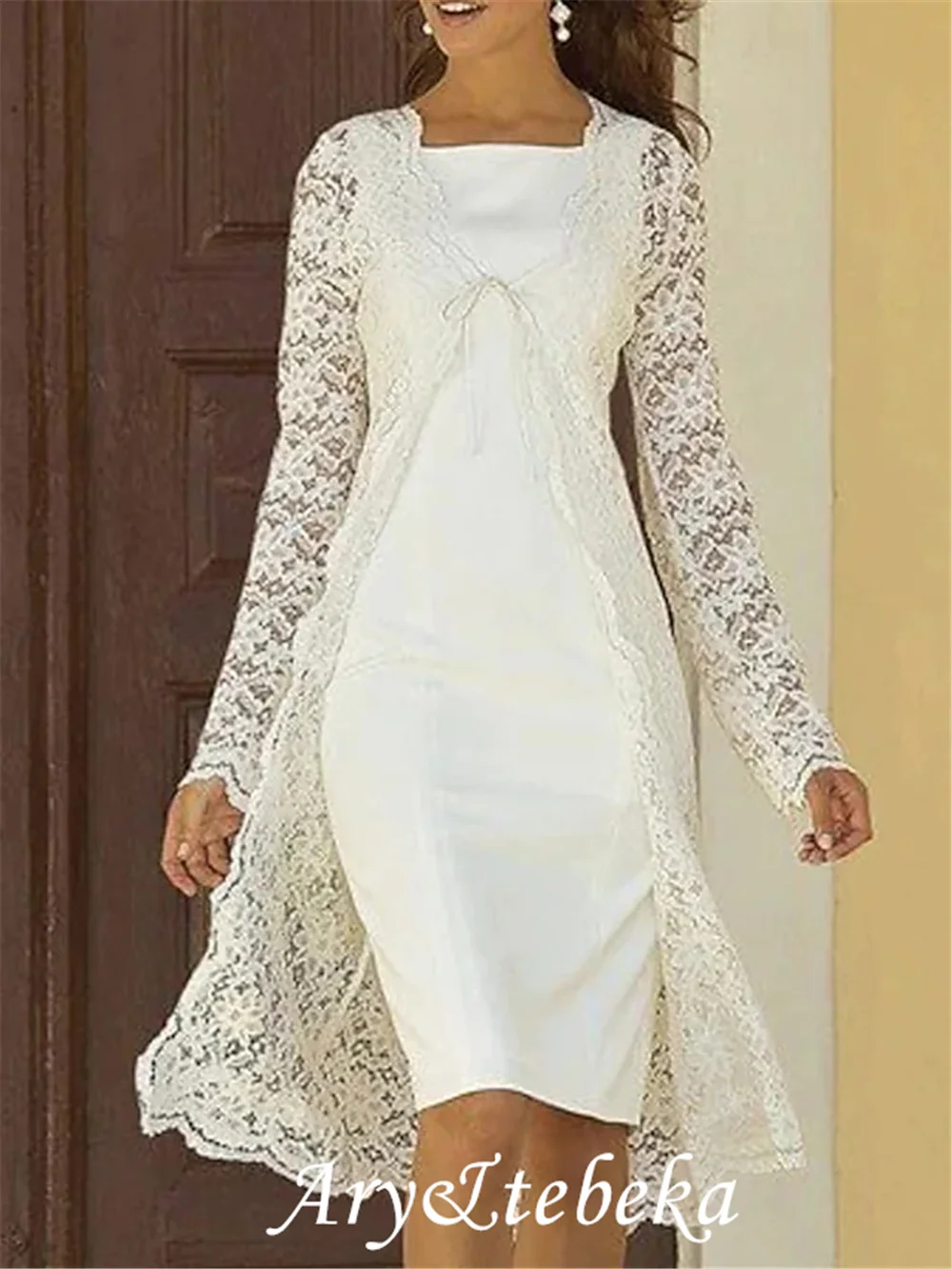 

Two Piece Sheath / Column Mother of the Bride Dress Elegant Wrap Included Square Neck Chiffon Lace Sleeveless with Solid Color