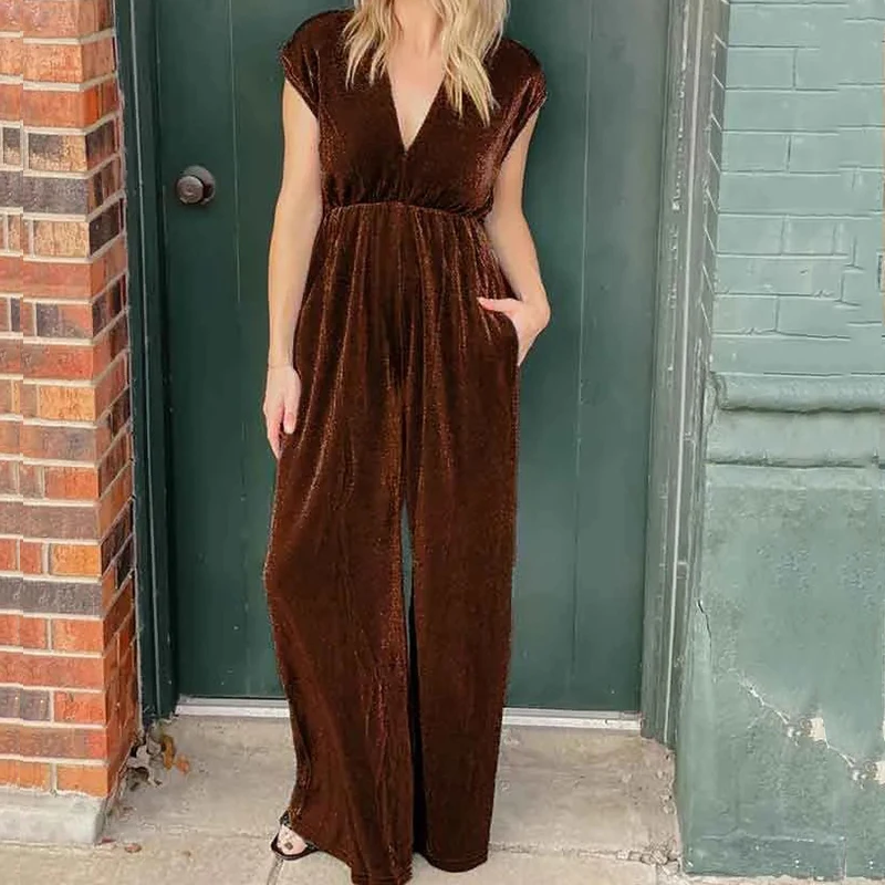 

2024 Trend V-Neck Solid Women Long Jumpsuit Holiday Style Velvet Overall Casual Summer Sleeveless Backless One Piece Romper