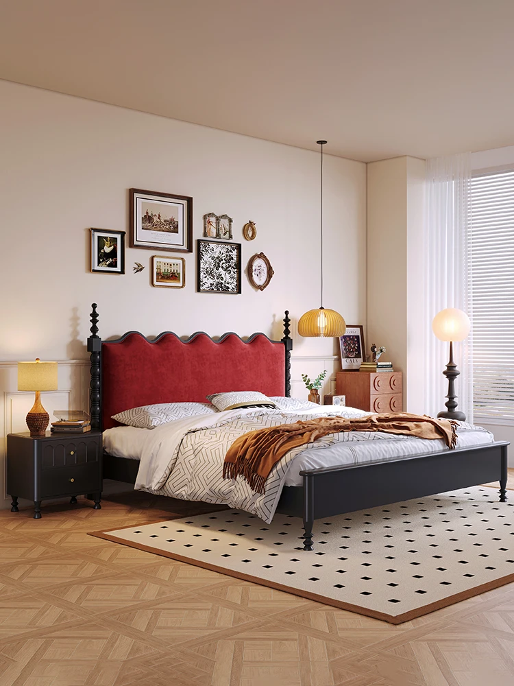 

French retro style 1.8 meter solid wood bed double black American light luxury master bedroom