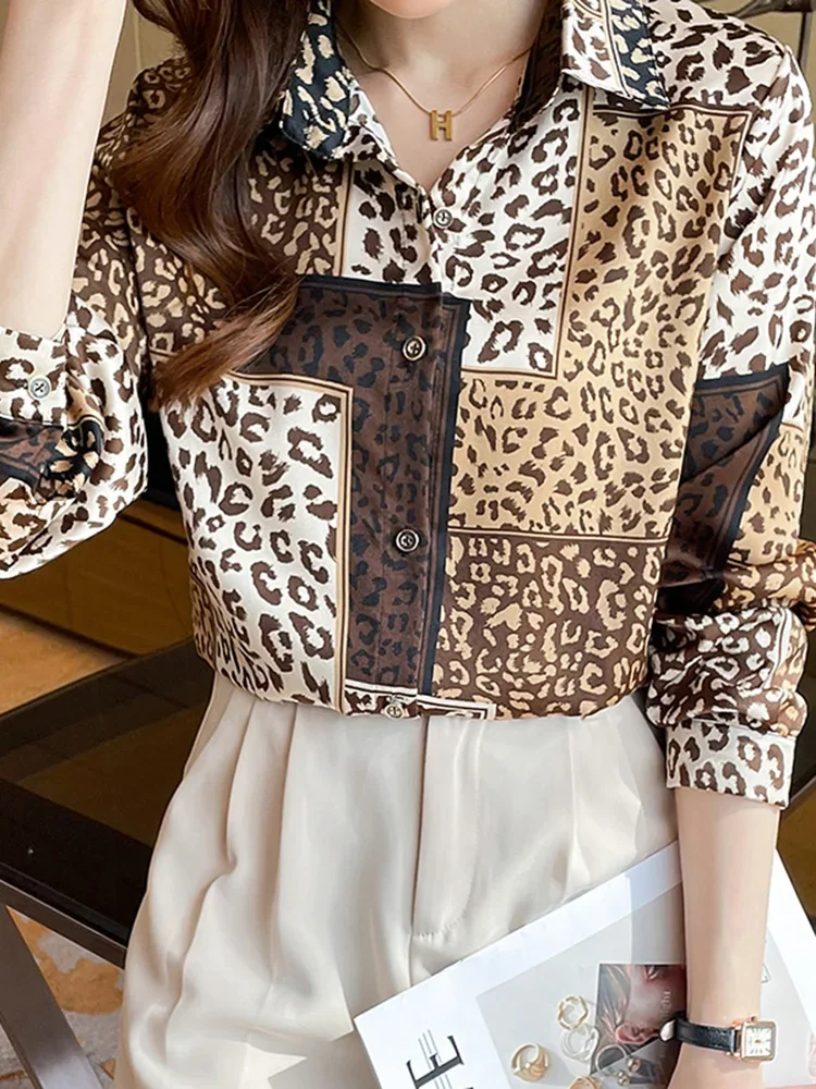 Leopard New Y2K Slim Women Shirt Fashion Loose Street Long-sleeved Shirt Female Simple Retro Chiffon Ins Chicly Woman Top