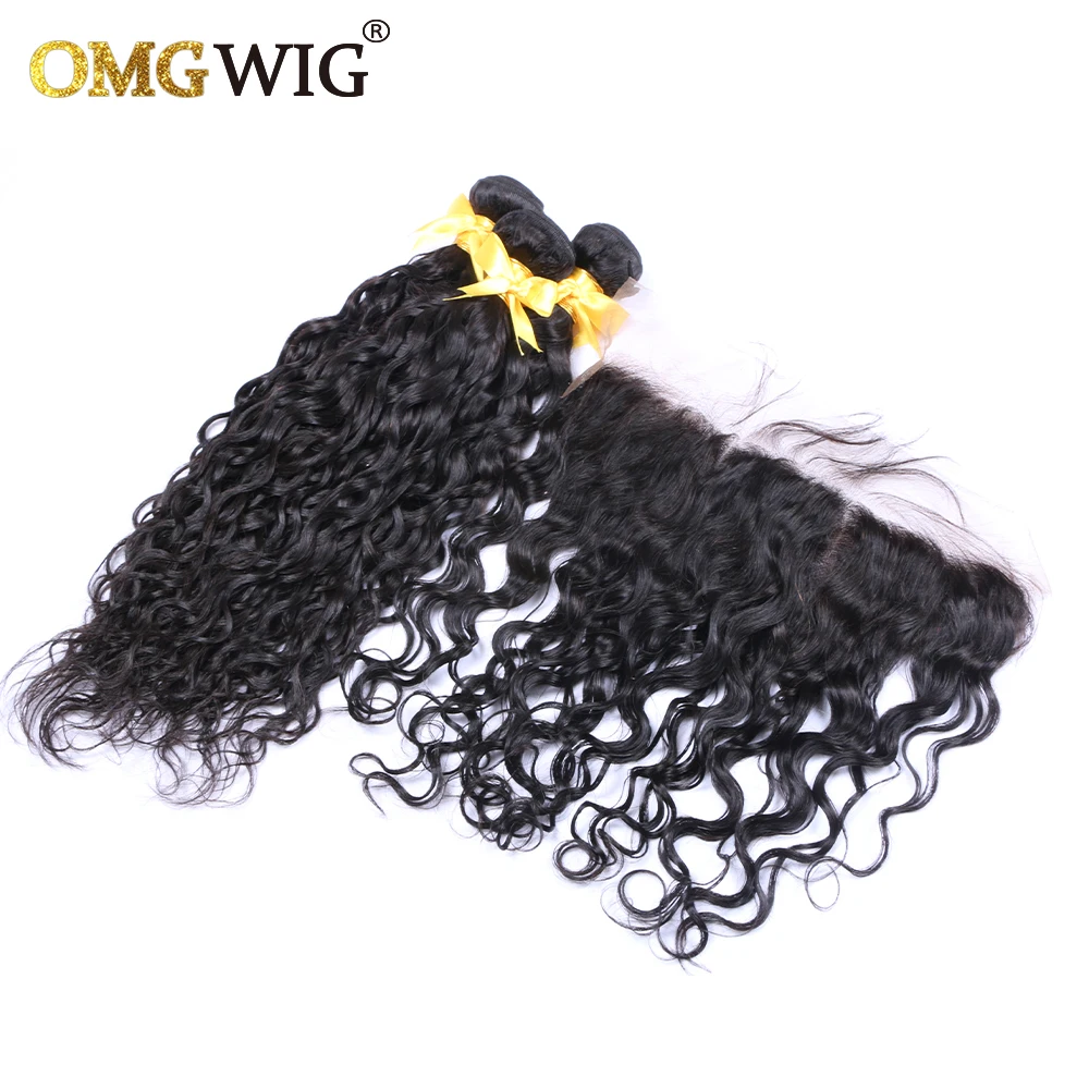 Natural Color Hair Bundles With 13x4 Base Closures Water Wave Brazilian Human Hair Free Part Bleached Knots Transparent Lace