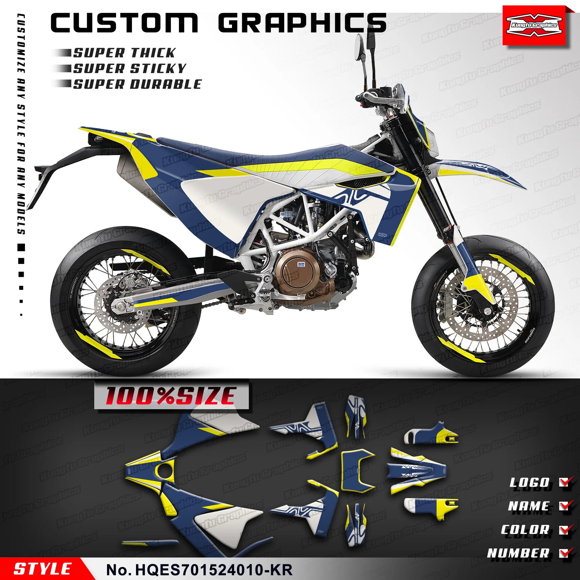 

KUNGFU графические Наклейки на заказ, комплект виниловой пленки для Husqvarna Enduro Supermoto 701 2015-2024, HQES701524010-KR