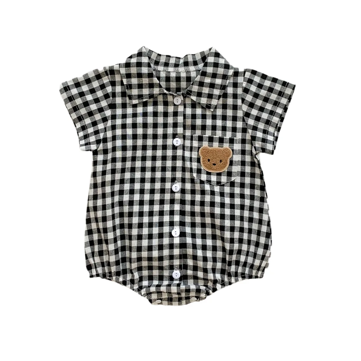 Cute jumpsuits kids Baby Clothing BodySuits Summer Short Sleeve Plaid Embroidery Bear Outfits Infant Kids Handsome Boy Suit