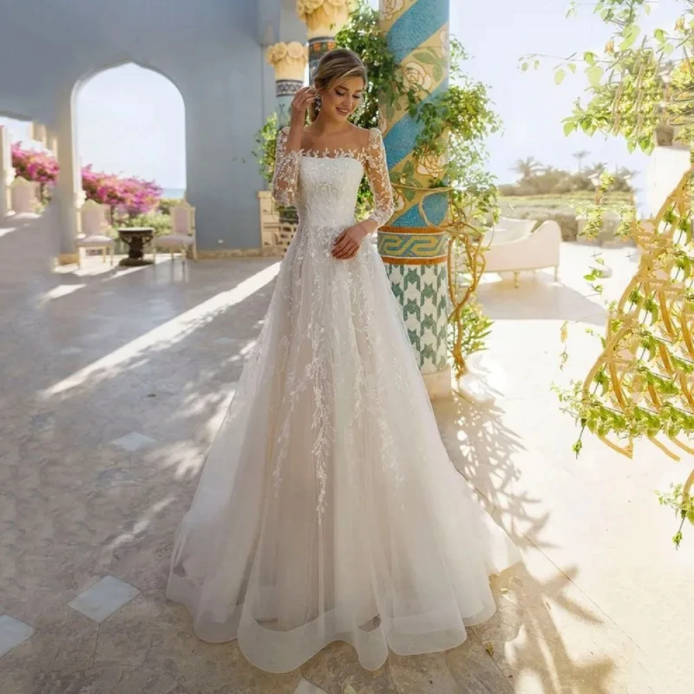 

Luxury 2024 New Exquisite Lace Wedding Dresses O-Neck Long Sleeve Tulle A-Line Bridal Gowns Morden Button Pleat Vestido de Novia