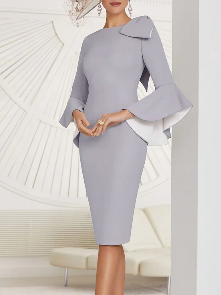 

Sheath Mother of the Bride Dress Jewel Neck Knee Length Stretch Fabric Half Sleeve with Sash Color Block Evening Gown