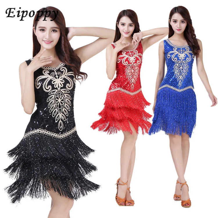 

Latin Dance Dress Tassel Square Modern Dance Dress Sequins Dance Skirt Practice Competition Clothing