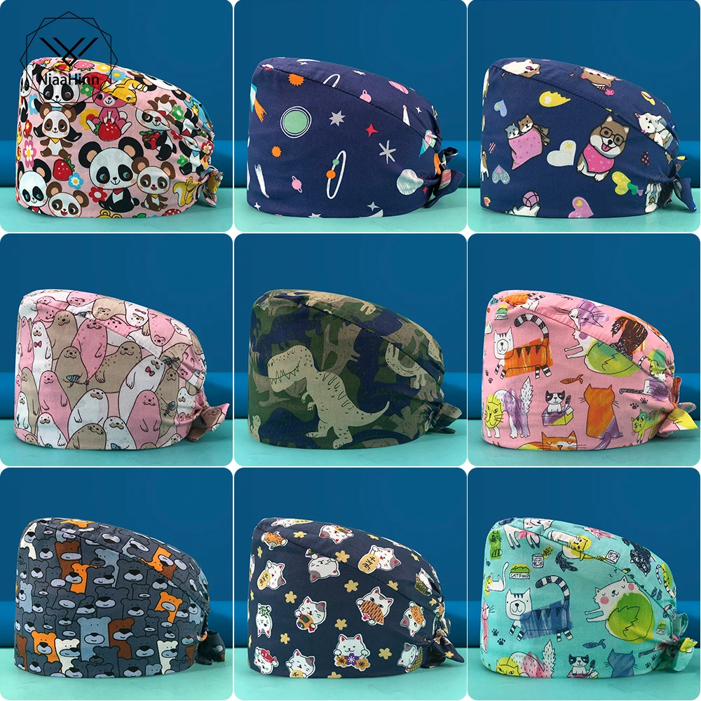 

Veterinary Multicolor Floral Printing Scrub Hat with Sweat Towel Nursing Cap Pet Clinic Doctor Working Caps Wholesale Scrubs Hat