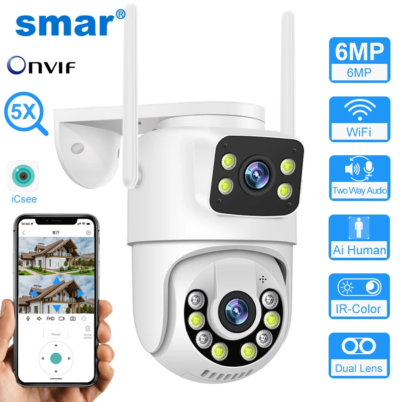 Smar 6MP PTZ WiFi IP Camera Dual Lens With Dual Screen Two-way