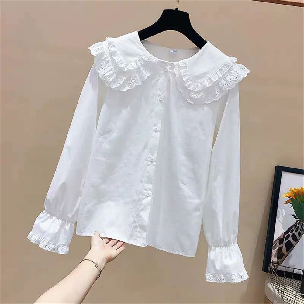 Spring Autumn Baby Toddler Teen Girls Lace White Blouse School Girl Shirt Long Sleeve Kids Shirts Tops Children Clothes