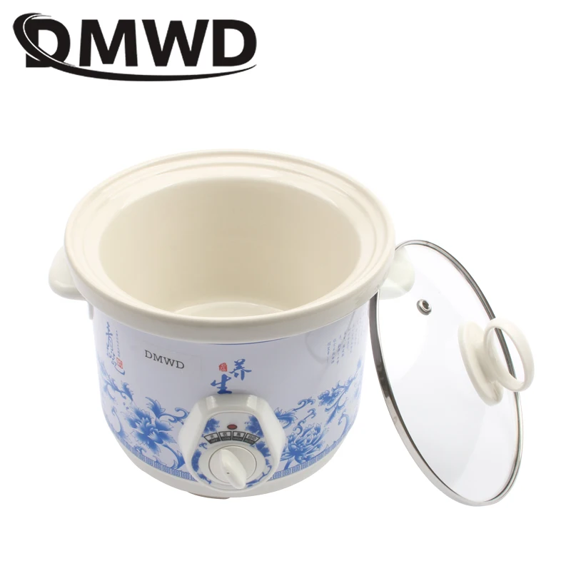 DMWD electric 140w Slow Cookers mini mechanical timer control stew foods Ceramic liner Blue and white porcelain color 1.5L 2