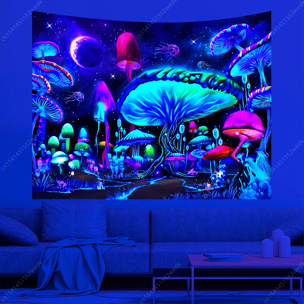 Mushroom Moon Uv Reactive Tapestry Wall Hanging For Living Room Bedroom Home Decor Room Decor Party party decorations tapestry decorations