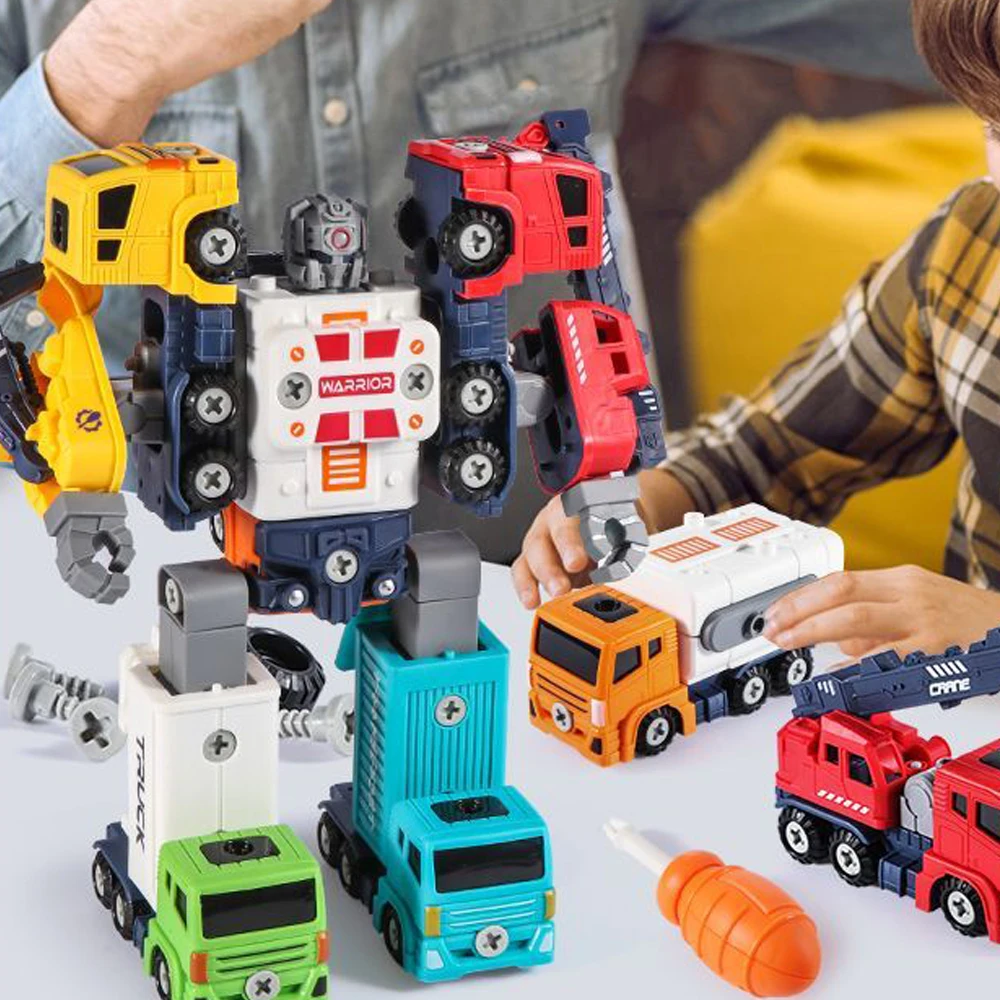 DIY Construction Truck Toys Take Apart Trucks Robot Vehicle Fire Engine Toy Screw Build Car Robot Toy for Boy Kids Building Gift 4