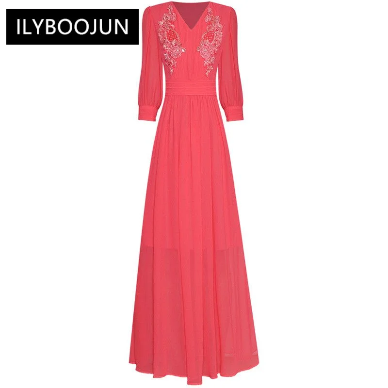 

Summer Fashion Runway Watermelon Red Vintage Dress Women V Neck Appliques Diamond Beading Sequins High Waist Long Dress