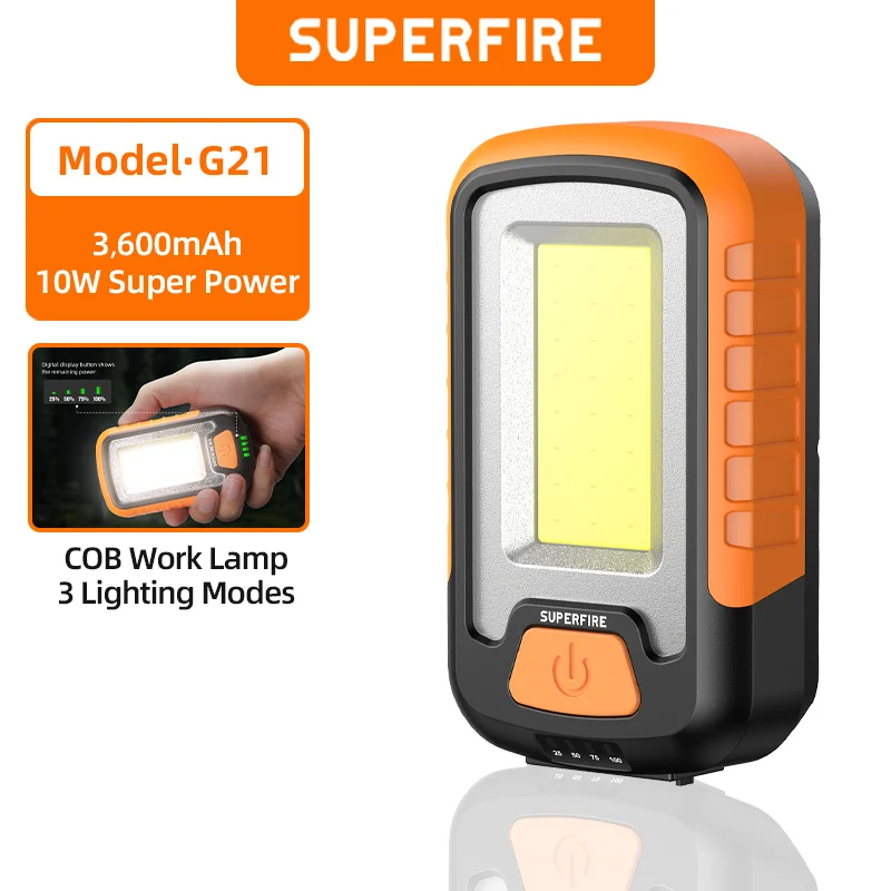 SUPERFIRE G21 다기능 작업등, COB 충전식 LED 손전등, 내장 배..
