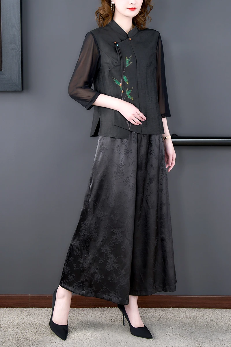 Autumn Black Long Sleeve Floral Top Coats+Black Jacquard Silk Wide Leg Pants Two Piece Sets Women Korean Vintage Prom Suits
