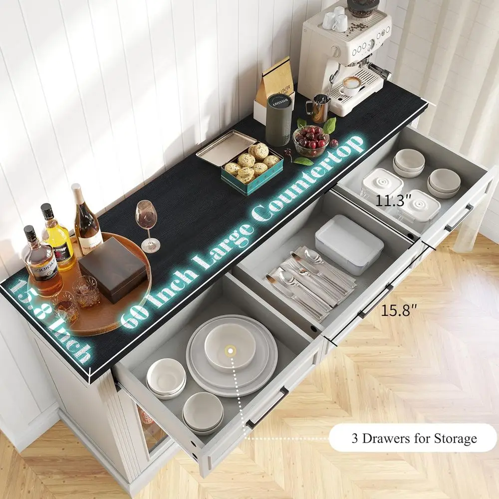 White 60 Beverage Cabinet with Wine Storage, Mini Bar Cabinet for Dining and Living Rooms