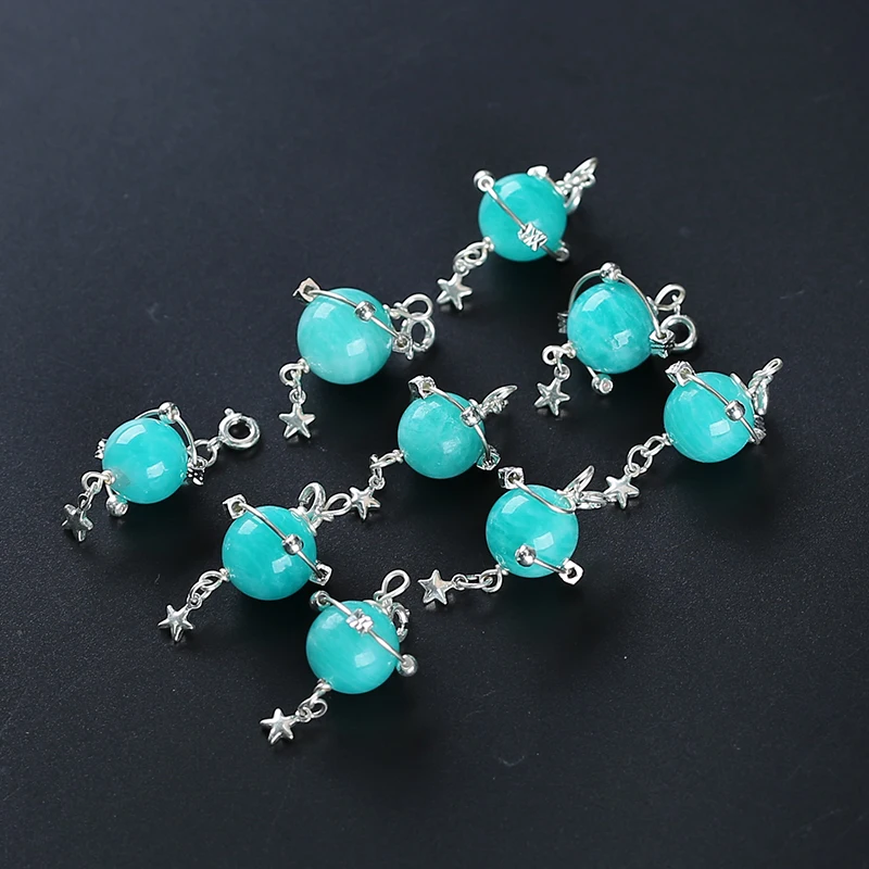 천연 아마조나이트 펜던트, 황동 도금 실버, 여성용 원형 구슬, 천연 원석 쥬얼리, 14mm, 1 개