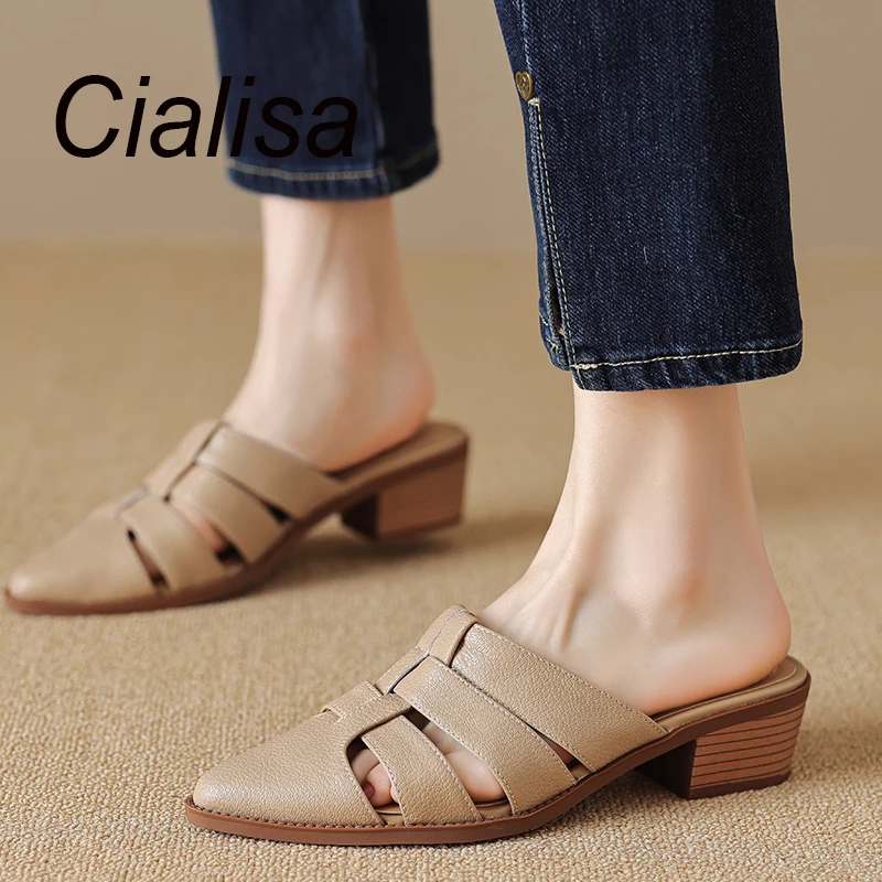 

Cialisa Mid Heels Slippers Mules 2023 Summer Pointed Toe Genuine Leather Women's Shoes Handmade Daily Ladies Slipper 33-40 New