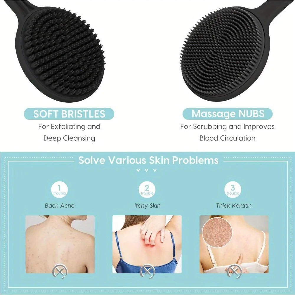 Silicone Dual-Action Back Scrubber with Long Handle - Deep Cleansing & Exfoliating Massage