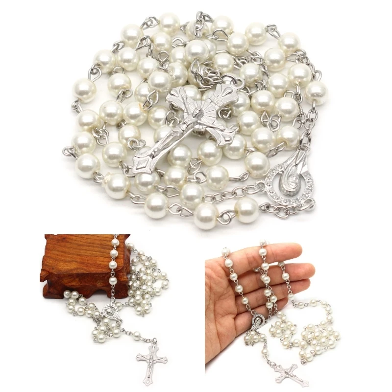 ROSARY BEADS LONG Necklace With Jesus Christ Crucifix For Cross