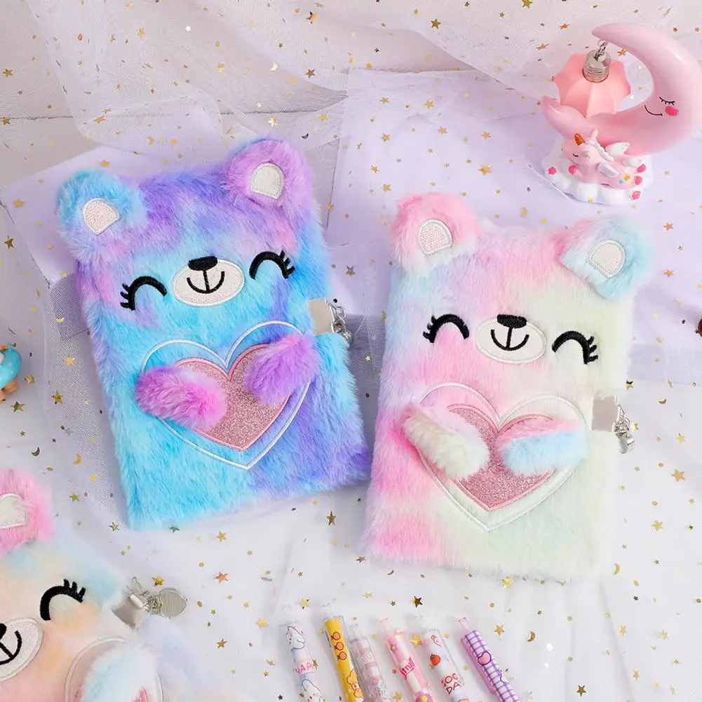 A5 Plush Notebook with Lock Cartoon Shape Kids Children Bear Journal Notebook Plush Diary School Stationery