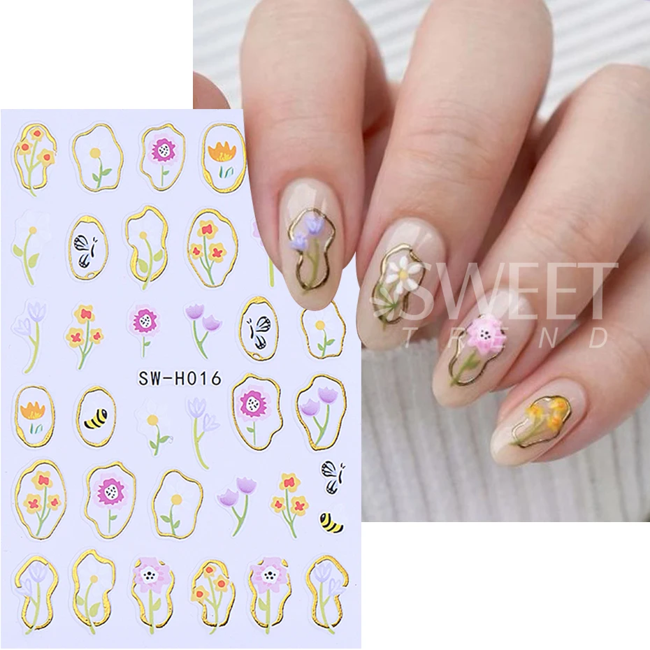 2pcs 3D Bronzing Butterfly Nail Stickers Golden Thread Petals Tulip Floral Adhesive Sliders Nail Decals DIY Charm Manicure Decor