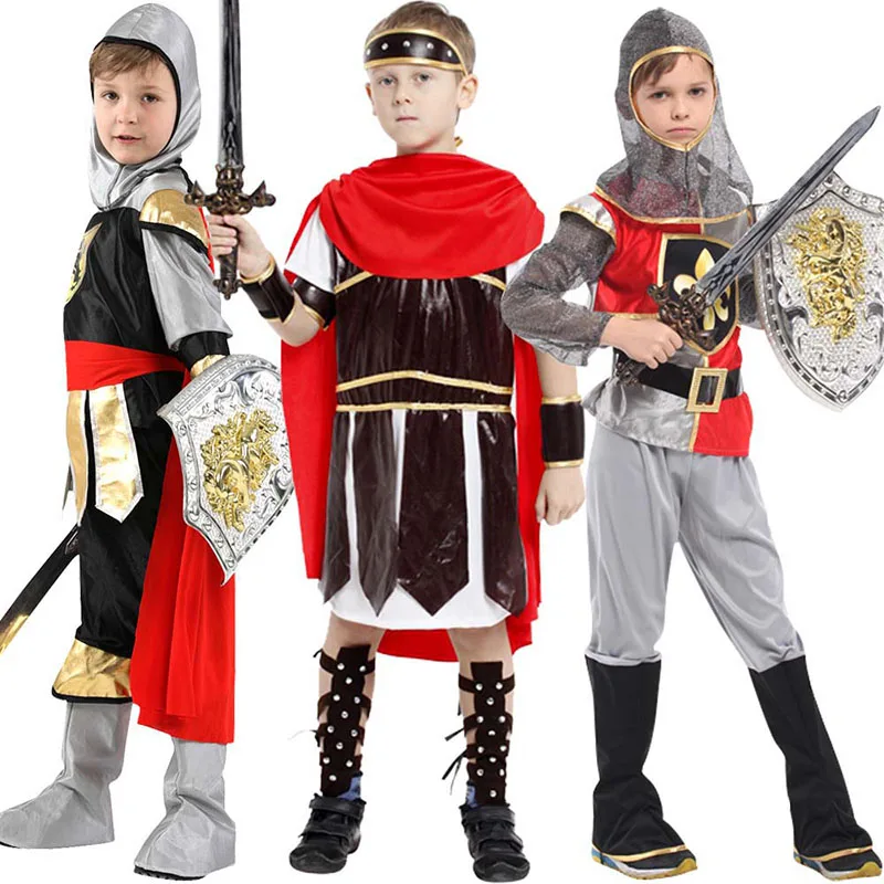 

Carnival Medieval Roman Royal Knight Warrior With Cloak Cosplay Costume For Boy Girls Party European Soldier Hat
