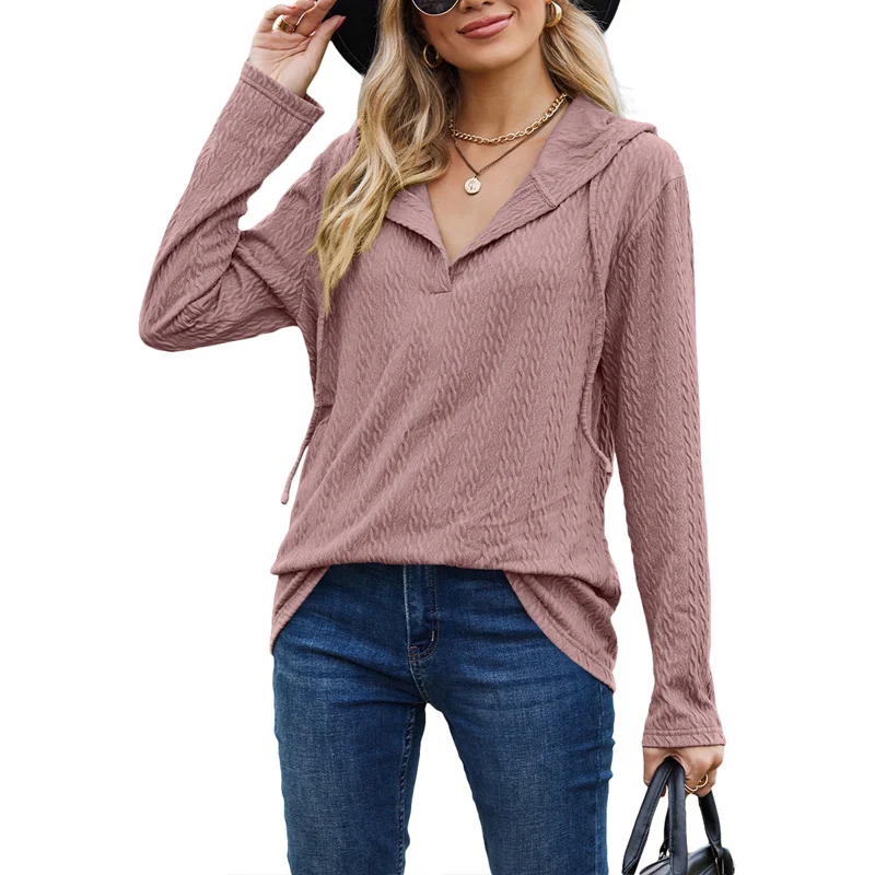 2023 Spring Autumn Solid Color Hooded Drawstring Long Sleeve Sweatshirts Women Casual Loose Jacquard Weave All-match Pullovers