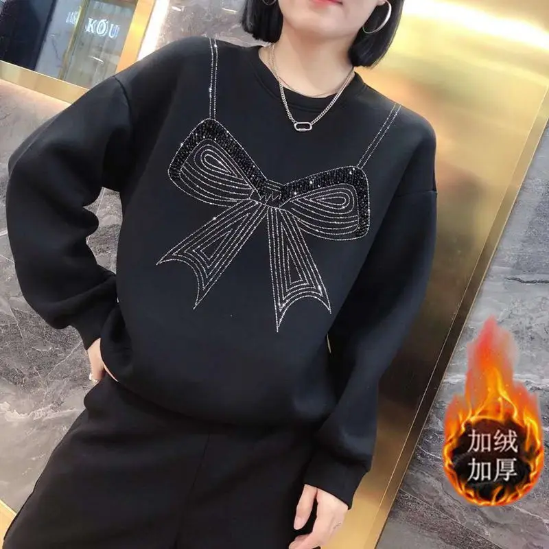 Women's Autumn Winter New Fashionable Round Neck Pullover Long Sleeved Solid Color Hoodie Casual Western-style Commuting Tops