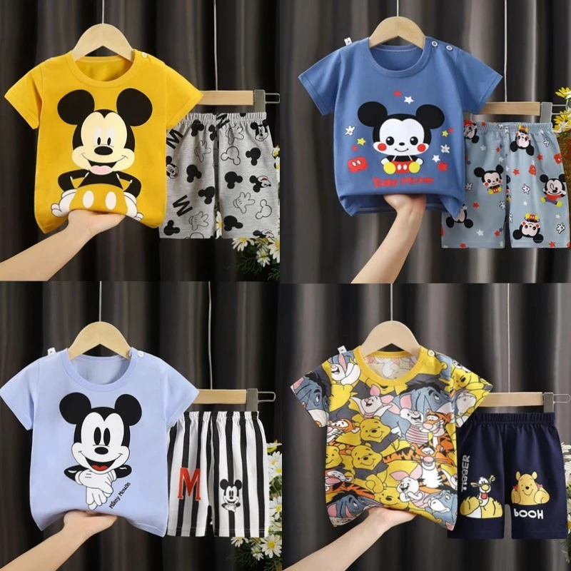 Children Mickey Mouse Cartoon Cute Summer 2pcs Outfits T-shirt+shorts O-neck Pure Cotton Casual Kids Unisex Short Sleeves Pants Clothing Sets near me