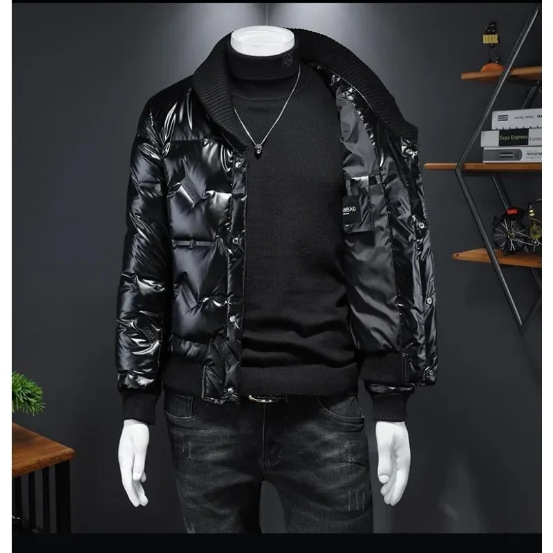 Jacket Large Size Slim-fit Fashion Coat Tide Men's High Quality Winter White Duck Down Personality Bright Knit Lapel Down