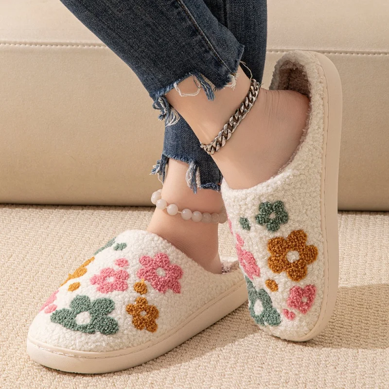 Fashion Flowers Pretty Bow Bear Women Slippers Autumn Winter Men Home Cute Cartoon Plush Sandals Couple Warm Cotton Flat Shoes 3