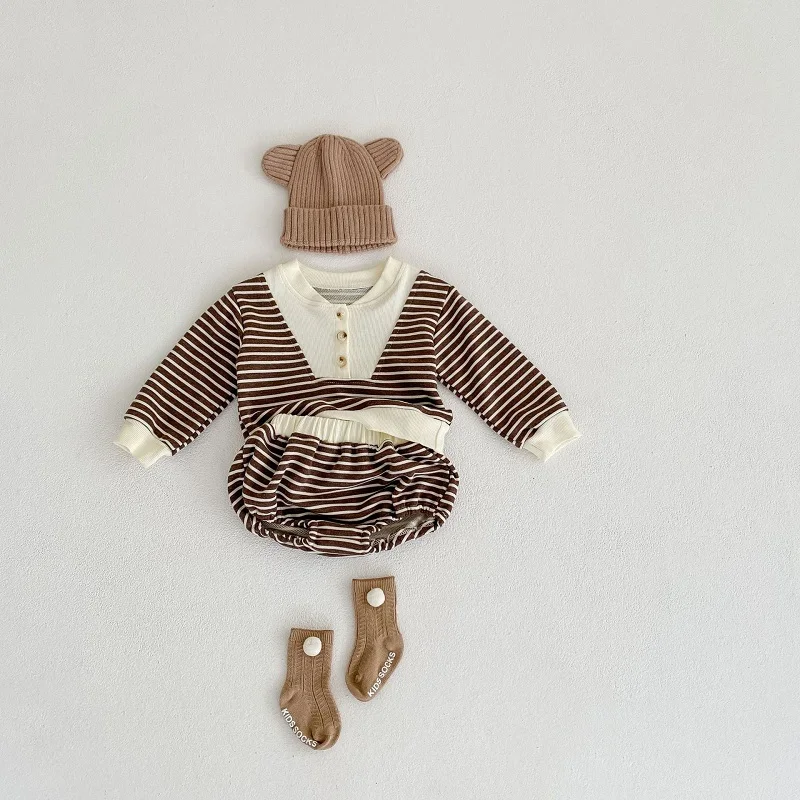 baby shirt clothing set 0-3 year old baby clothes autumn boys and girls striped long-sleeved pullover + shorts baby simple long-sleeved trousers suit Baby Clothing Set medium