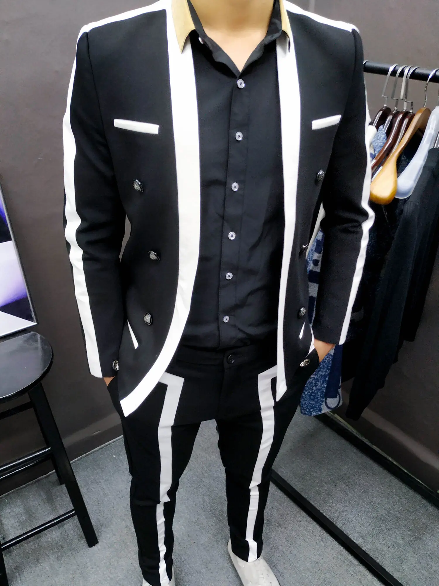 Trajes De Hombre Contrast Stripe Blalck White Suit Male Wedding Groom Suit Spring Disguised Men Slim Stage Outfit Men Party