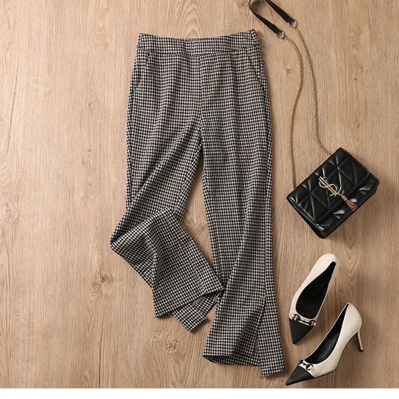 linen pants Cut it to make your legs look longer! French commuter ~ high waist slit plaid/black flaring pants spring new style for women grey sweatpants Pants & Capris