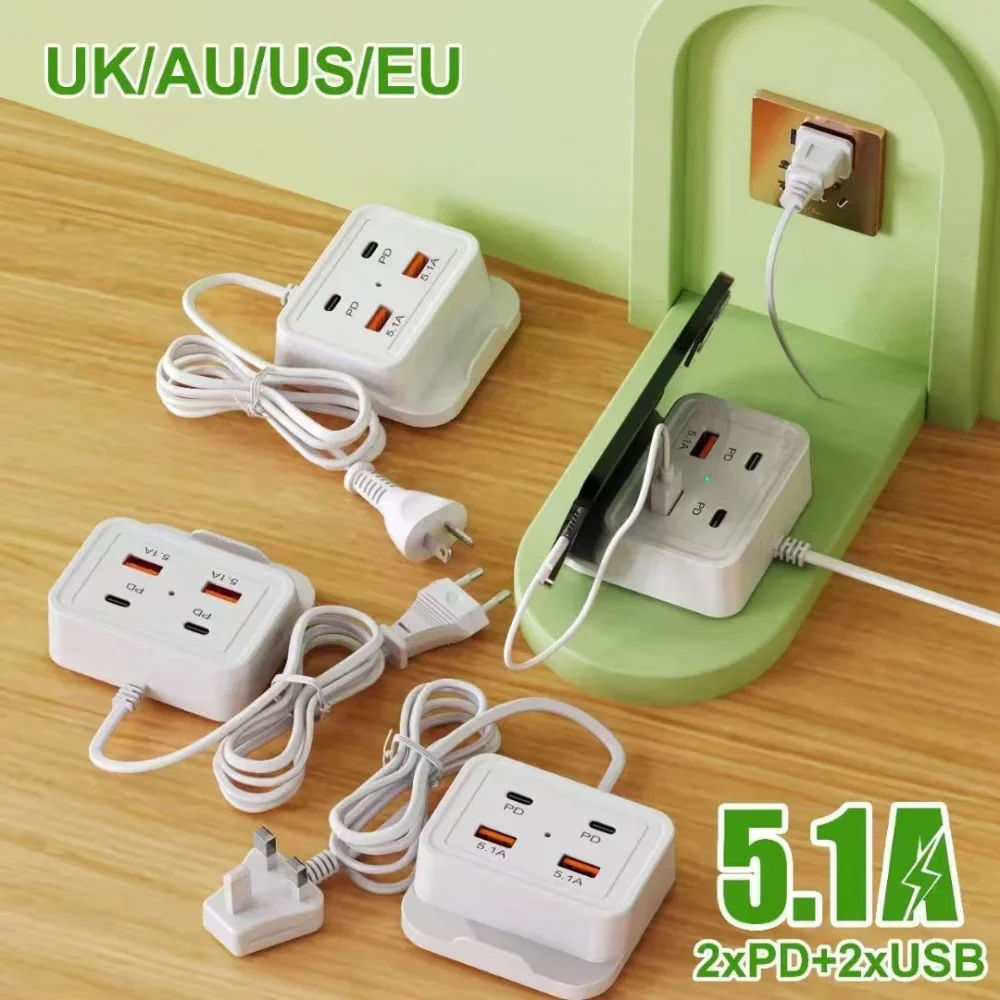 5.1A Power Strip USB C Charger Socket 4 Port Fast Charger With Phone Stand Holder For iPhone 16 13 14 15 Samsung Xiaomi Huawei