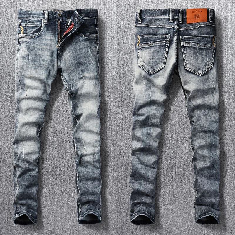 Italian Style Fashion Men Jeans Retro Blue Gray Elastic Stretch Slim Fit Ripped Jeans Men Embroidery Designer Vintage Pants men s jeans new european and american fashion small straight stretch jeans simple embroidery retro slim men s jeans casual pants