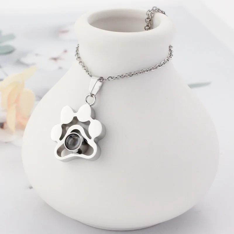 Custom Pet Photo Projection Necklaces Stainless Steel Photo Necklace Cat Dog Paw Pendant Choker Chain Pet Animal Memory Jewelry