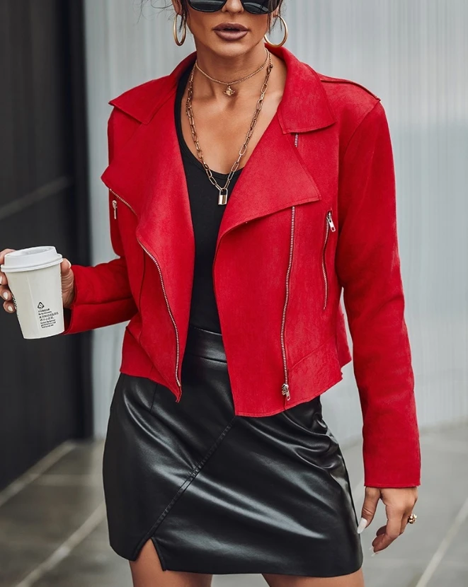 Woman Micro Suede Zipper Design Biker Jacket Temperament Commuting Female Clothes Women's Casual Long Sleeve Notched Collar Coat women s high waist elastic micro flared jeans slim monochromatic pants show fashion temperament female spring autumn 2023