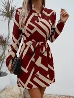 Elegant Commuter Style Red Apricot Geometric Striped Shirt Dress for Women, Spring and Autumn, Waist-Cinching Slimming Long Sleeve A-Line Short Dress, Petite Workplace Date Chic Shirt Dress - Image 4