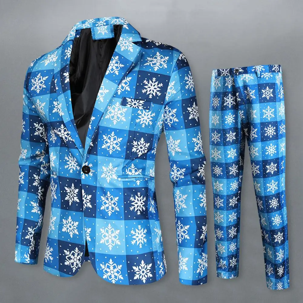 Men Jacket Pants Suit Cartoon Santa Snowflake Print Men Jacket Trousers Set 2 Pcs/Set New Year Party Coat Trousers Set