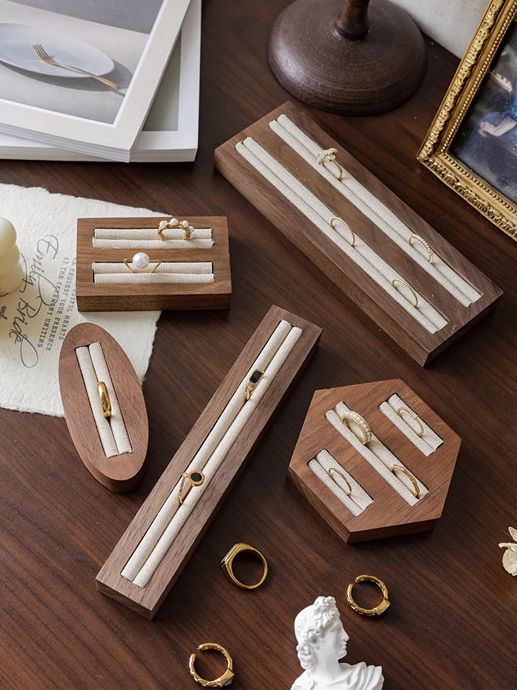 Walnut Ring Display Plate Jewelry Display Stand Black Beige Ring Holder Jewelry Bottom Storage Organizer Photography Props
