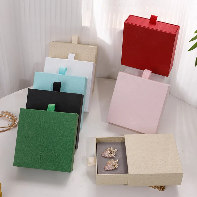 24pcs Drawer Cardboard Box 9*9*3.2cm Custom Necklace Earrings Ring Jewelry Packaging Black Paper Box with Grey Sponge Bulk