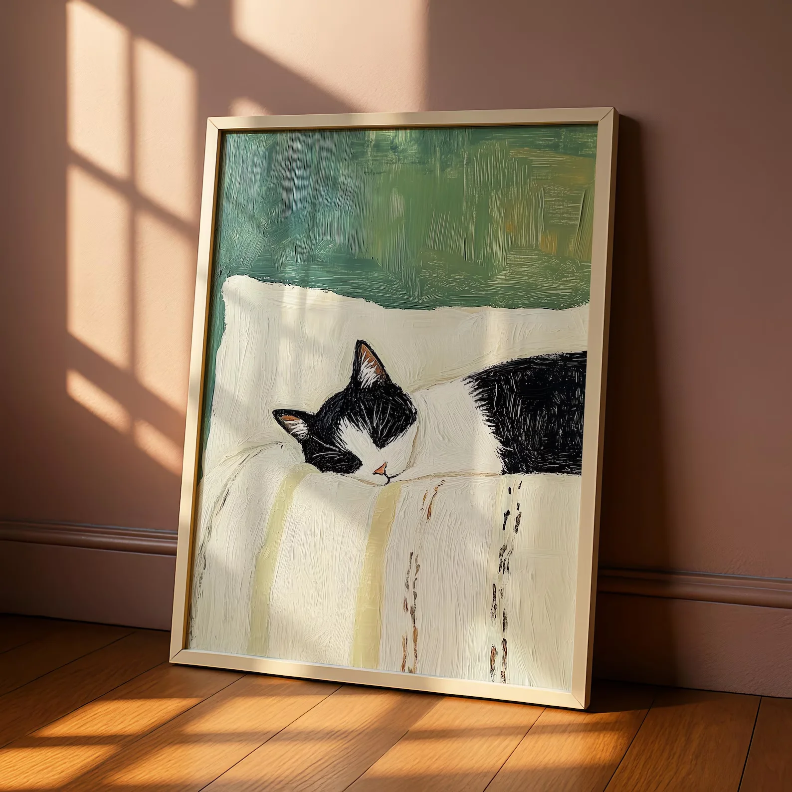 Sleeping Tuxedo Cat Wall Art Print – Black & White Cat Painting Poster (Unframed Home Decor) 1
