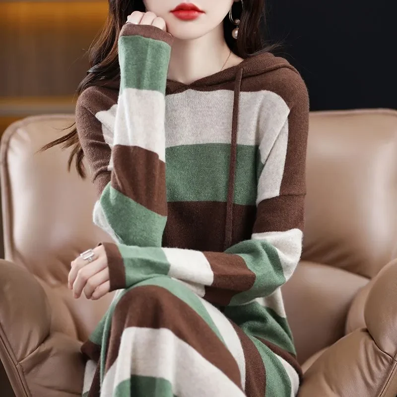 

Female Loose Fashion Striped Hooded Knitted Dress 2023 Autumn Winter Women's Clothing Korean Elegant Long Sleeve Midi Dresses
