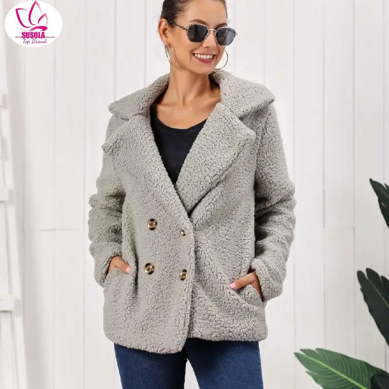 

SUSOLA Autumn Winter Double-breasted Women's Jacket Fur Coat Turndown-collar Loose Plush Coat Women Teddy Jacket Sheepskin Coat