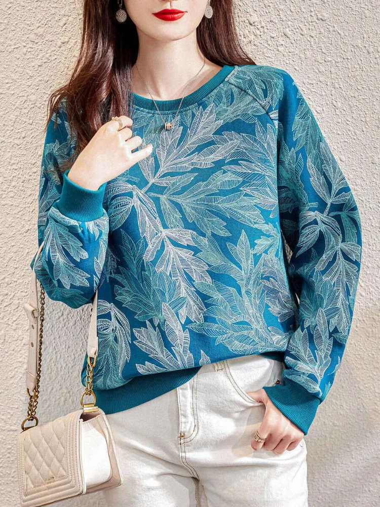 

Cropped Tops Sweatshirts for Women Pullovers with Orint on Green Graphic Female Clothes Round Neck Nice Color 90s Vintage Cotton