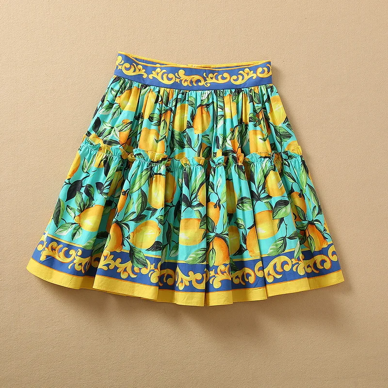

European and American women's summer 2022 new Imperial lemon print fashion Cotton pleated skirt