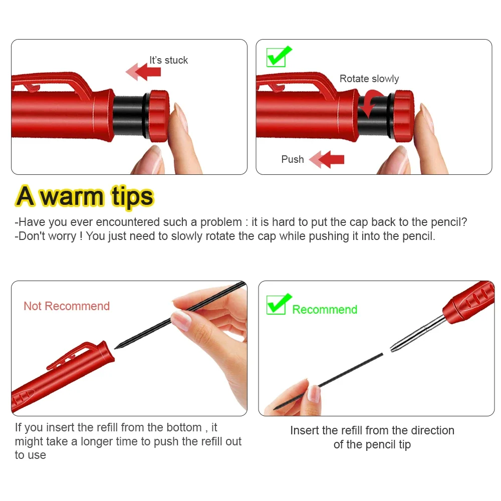 Orange Solid Carpenter Pencil with Refills Built-in Sharpener for Deep Hole Mechanical Carpentry Pencil Marker Woodworking Tools images - 6